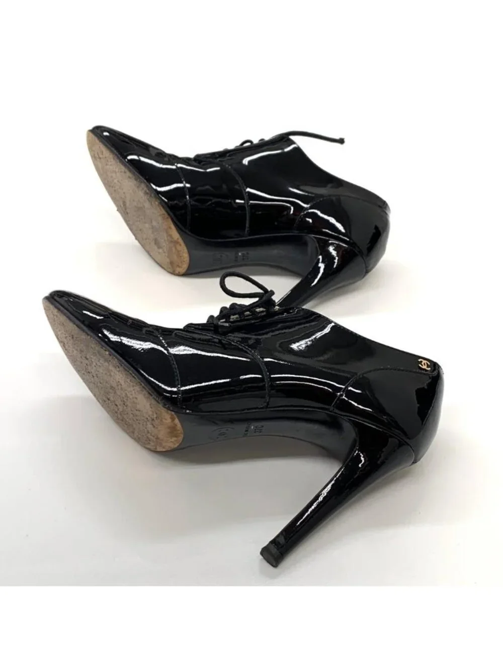 Chanel Patent CC Logo Lace-up Booties Black Boot